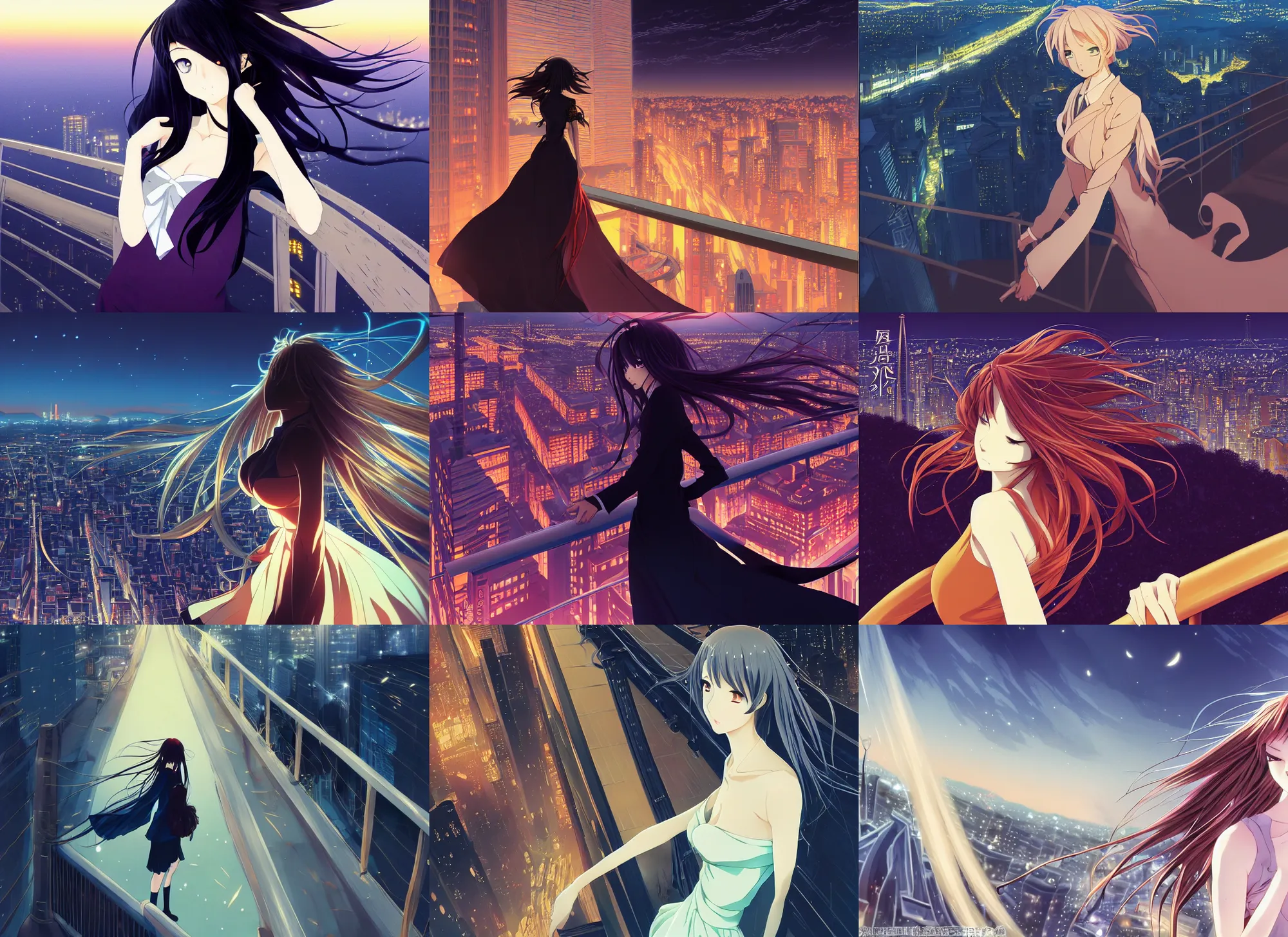 Prompt: anime visual, portrait of an elegant woman sightseeing above the city at night, long flowing hair, guardrail, dark, beautiful face by yoh yoshinari, katsura masakazu, dynamic pose, dynamic perspective, ilya kuvshinov, strong silhouette, anime cels, wideangle, rounded eyes, realistic proportions, dramatic, detailed facial features