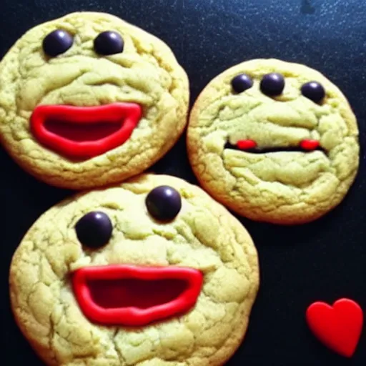 Prompt: Three cookies fighting with faces and cute little arms