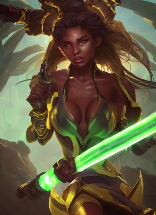 Prompt: senna from league of legends, au naturel, firing a giant weapon, brown skin, glowing green neon eyes, wearing white robe, digital art, trending in artstation, cinematic lighting, studio quality, smooth render, unreal engine 5 rendered, octane rendered, art style by klimt and nixeu and ian sprigger and wlop and krenz cushart