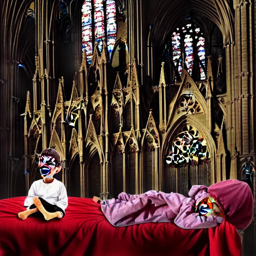 Image similar to a child sitting in his bed screaming, the bed is inside a gothic cathedral, under the bed is a hideous laughing demon dressed as a catholic priest, religious symbols, digital art, hyperrealistic nightmare, terrifying, supernatural, highly detailed, creepy