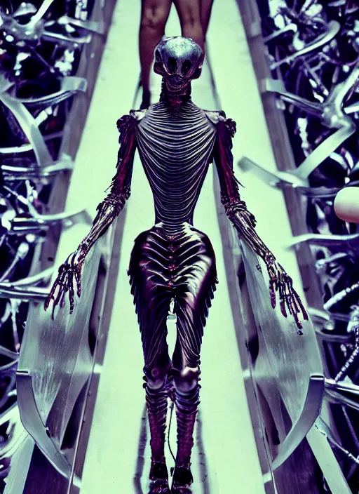 Image similar to walking down the catwalk, stage, vogue photo, podium, fashion show photo, iris van herpen baroque dress, beautiful woman, perfect body, full body shot, helmet on face, inflateble shapes, masterpiece, guyver, giger, biomechanical details, denis villeneuve, movie still, fauvism, cinestill, bokeh, artstation