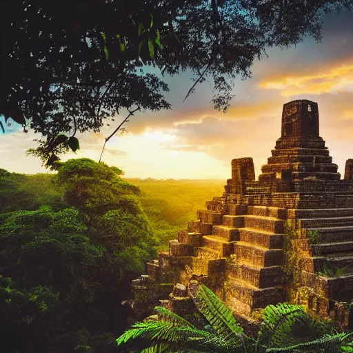 Image similar to vintage photo of an aztec temple over the canopy of a vast jungle at sunset with dramatic clouds, photo journalism, photography, cinematic, national geographic photoshoot