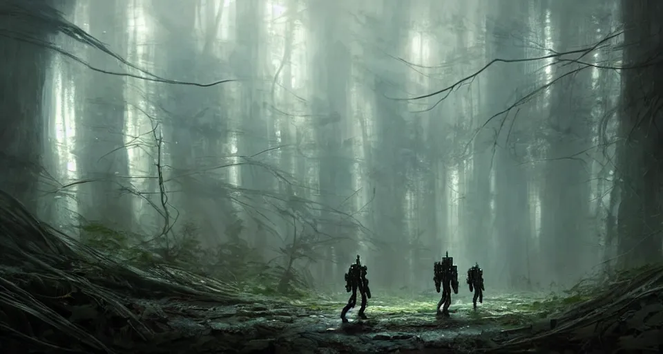 Image similar to hyper realistic sci - fi matte concept art painting of mecha walking through an alien forest, beautiful details, strong composition painted by kim jung guweta studio rutkowski, james gurney and greg rutkowski, and lucasfilm, smooth, intricate, detailed, sharp focus, cinematic