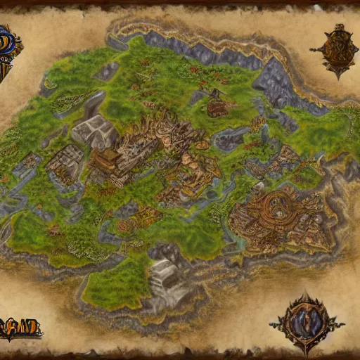 Prompt: Map in the style of World of warcraft map, hyper detailed