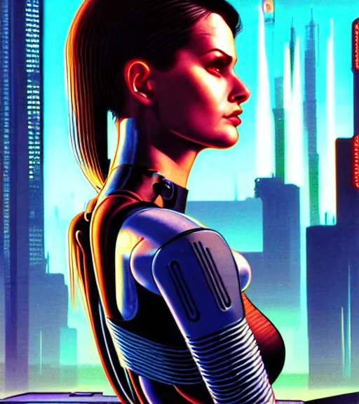 Image similar to cable plugged in, side of head, very very beautiful woman, cyberdeck computer terminal, street level night city, 1 9 7 9 omni magazine cover, style by vincent di fate, artgerm, cyberpunk 2 0 7 7, very coherent, detailed, 4 k resolution, unreal engine, daz