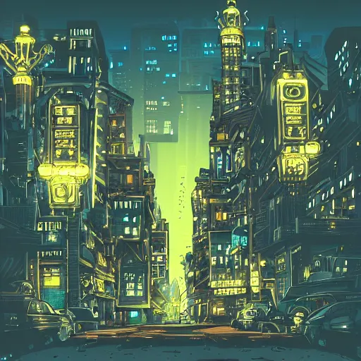 Prompt: brightly lit city at night, in a style that is a mixture of steampunk and cyberpunk