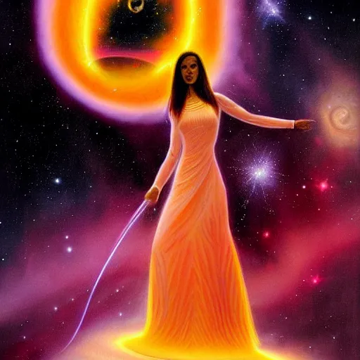 Prompt: A beautiful painting of a female cosmic being with a nebula as its body by Jim Burns, James Webb Space Telescope, Trending on artstation.