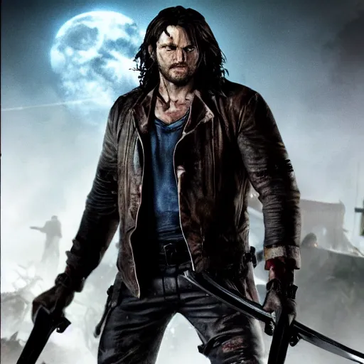 Prompt: trevor belmont in world war z, dynamic posing, illuminated face from the moon