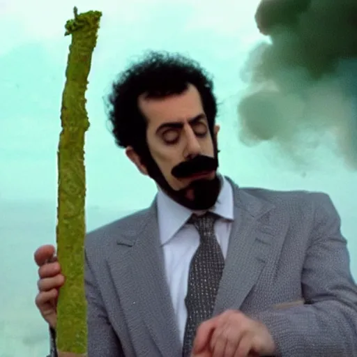 Image similar to Borat smoking a giant joint, 8k, smoke, hyper-detailed, cinematic