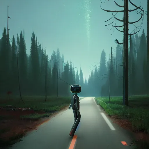 Prompt: Beautiful cinematic scene of a robot walking alongside an empty road surrounded by trees, evening, peaceful, science fiction, award-winning, cinematic lighting, insanely detailed, very realistic, Artstation, Cgsociety, by Simon Stalenhag