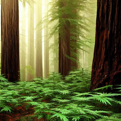 Image similar to of marijuana plants instead of coastal redwood trees in the redwoods forest in california, 4 k photorealism hd