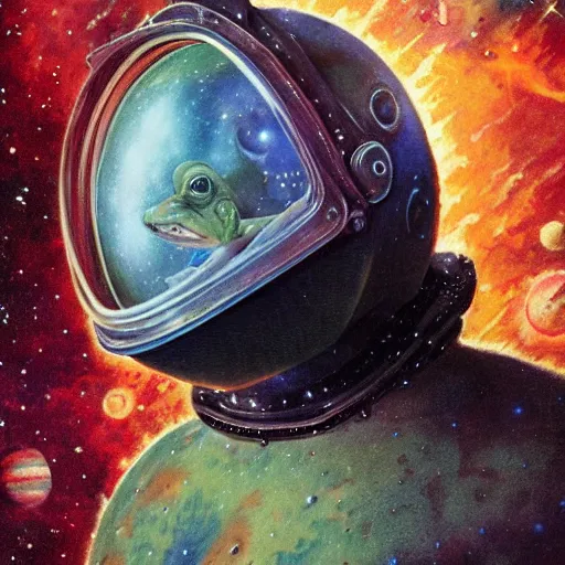 Image similar to photoreal, full body portrait of an amphibian beast in a space helmet on a rocky planet, nebula milky way background, by norman rockwell and boris vallejo, artstation, concept character art