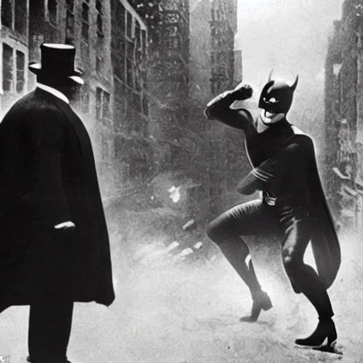 Image similar to a close - up old black and white photo, 1 9 1 3, depicting batman fighting a mafia boss in an ally of new york city, rule of thirds, historical record