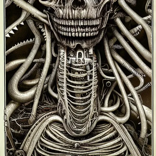 Prompt: highly detailed anatomical biomechanical industrial factory made to chew objects, biomechanical machine made of teeth, disturbing biohorror artwork print, by hr giger!!!