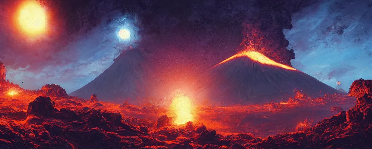 Image similar to ” outer planet with erupting volcanoes, [ art by paul lehr, cinematic, detailed, epic, widescreen, opening, establishing, mattepainting, photorealistic, realistic textures, octane render ] ”