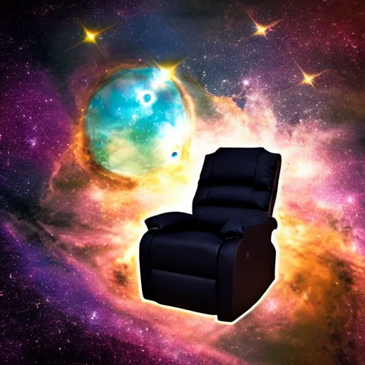 Prompt: recliner chair floating in space, space galaxy background, dramatic lighting, nebula, james webb telescope images