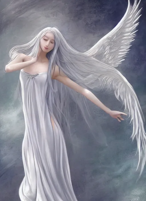 Image similar to tall thin beautiful goddess, pale wan female angel, long flowing silver hair covering her whole body, beautiful!!! painting, young face pale skin wan angel, flowing silver hair, flowing white robes, flowing hair covering front of body, white robe, white dress!! of silver hair, covered!!, clothed, unexposed, intricate robes beautiful aesthetic, mystery