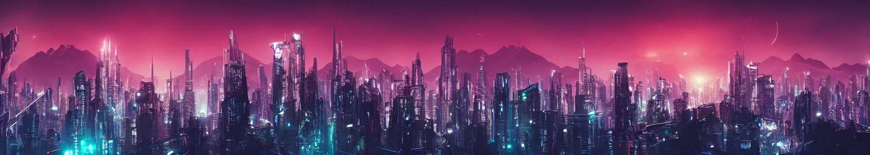Prompt: a beautiful futuristic city skyline at night with mountains in the background, scifi, cyberpunk