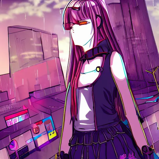 Prompt: cute anime girl in a cyberpunk city. edgy. cringe. trending on deviantart. fanart. ship. low quality. mspaint. oc.