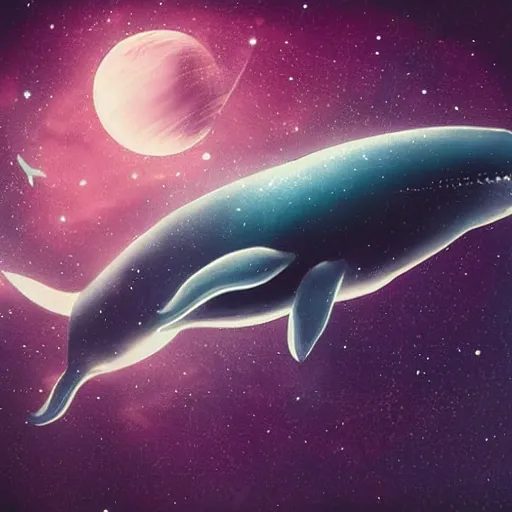 Image similar to portrait of space whale swimming on a dark night sky in space, flying across the universe, oniric, dreamy, beautiful, highly detailed, realistic, cinematic, dynamic composition