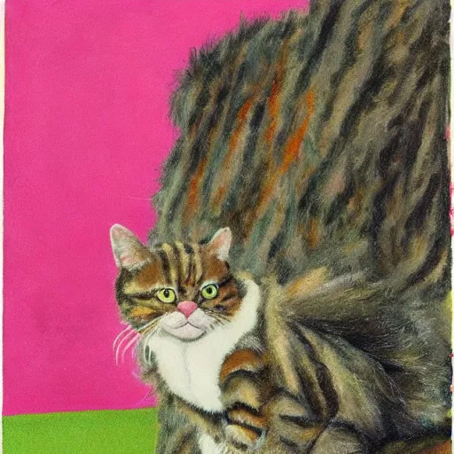 Image similar to absolutely yoked shredded physique fuzzy furry ears Portrait of Lou Ferrigno camouflaged as Tabby Cat whilst wearing a pink tuxedo Standing atop a Garbage Truck Eric Ravilious Edward Hopper Newell Convers Wyeth Andrew Wyeth Jamie Wyeth