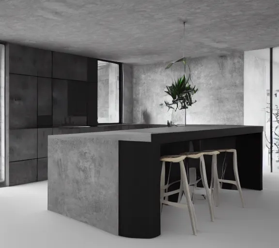 Prompt: brutalist black house kitchen with 2 islands interior design minimalist organic, organic architecture furniture open space high quality octane render blender 8 k