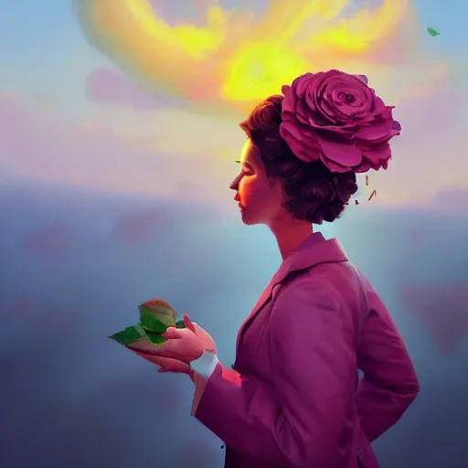 Image similar to closeup, huge rose flower on head, frontal, girl in a suit, surreal photography, sunrise, dramatic light, impressionist painting, digital painting, artstation, simon stalenhag