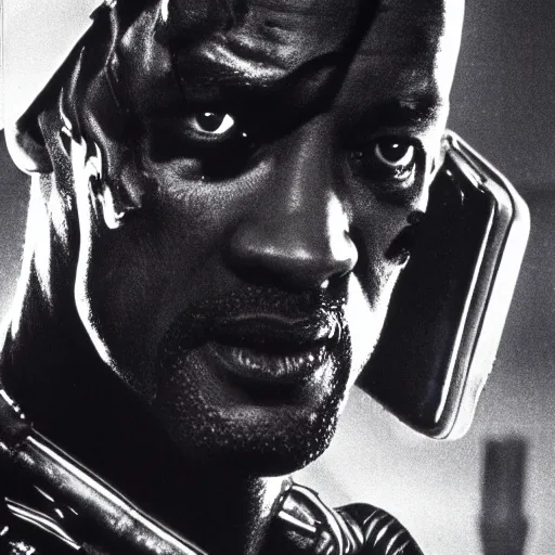 Prompt: film still of will smith as the terminator (1984 film), film grain, insanely detailed, 4k, photorealistic, hd