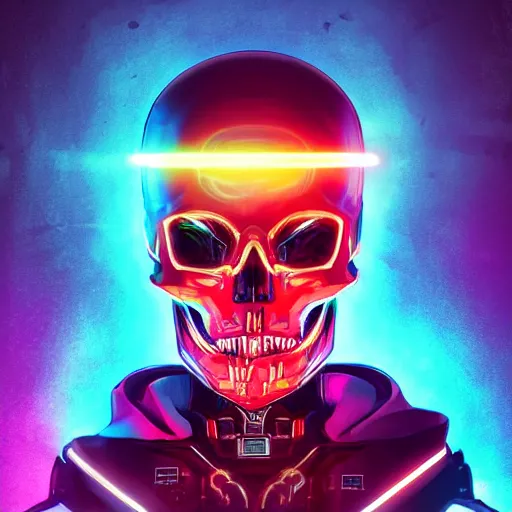 Image similar to centered front face hyperdetailed portrait of a mecha skull ronin wearing hoodie, 8k, digital painting, futuristic, black neon lights, trending on CG society