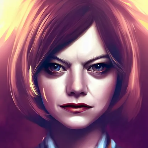 Image similar to emma stone portrait, arcane netflix, arcane vi, arcane jinx, concept portrait, riot, acrace catoon, detailed expression, high quality, cinematic lighting, fantasy, reflective, spotlight, digital artwork