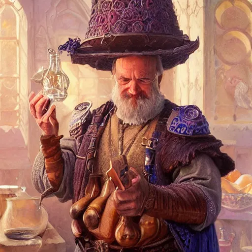 Image similar to The potion seller offers you his strongest of potions, D&D fantasy, portrait art by Donato Giancola and James Gurney, digital art, trending on artstation