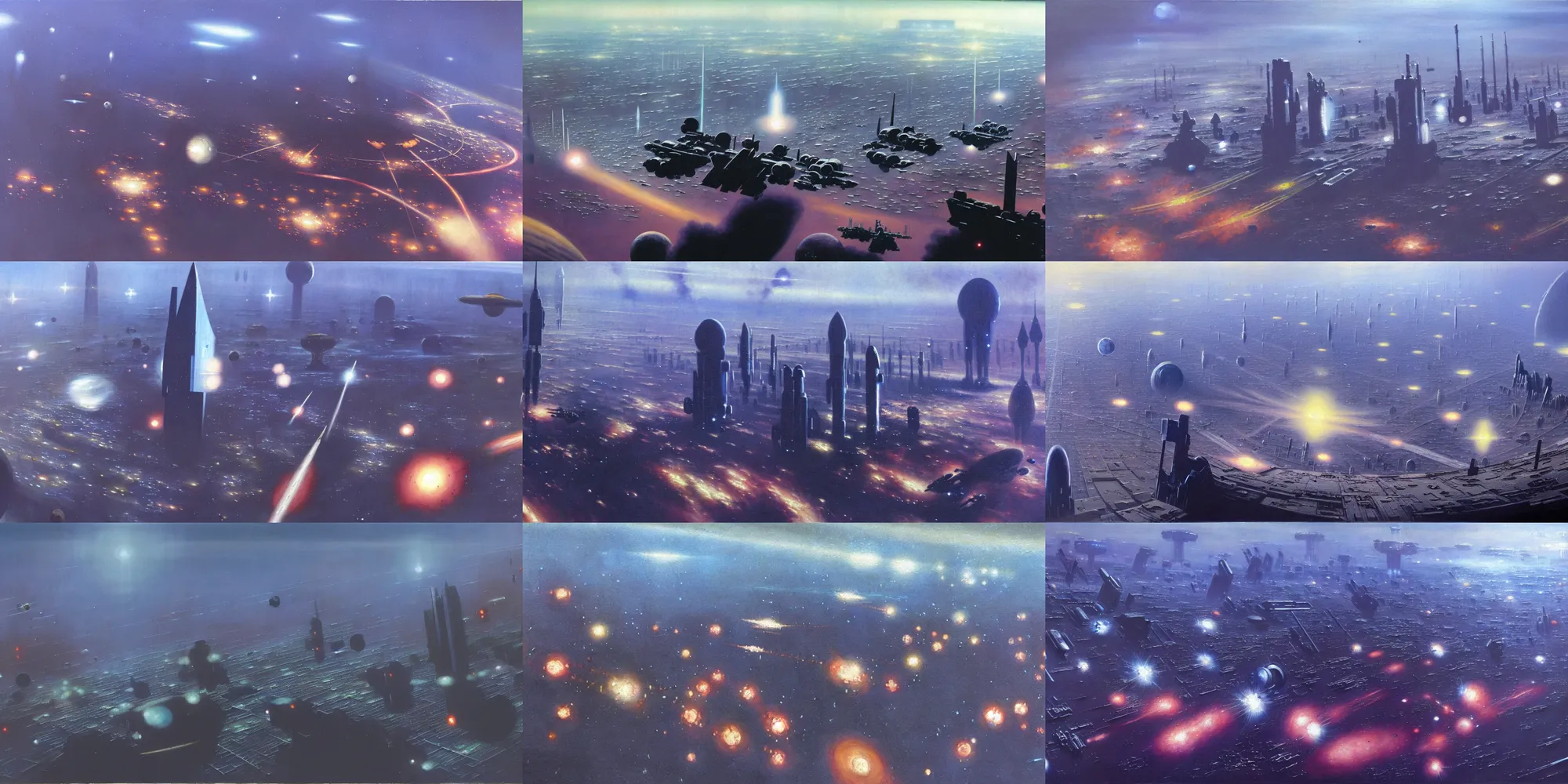 Image similar to a painting of low earth orbit space city under war by john harris. sharp edges. 8 k. ultra clear detailed