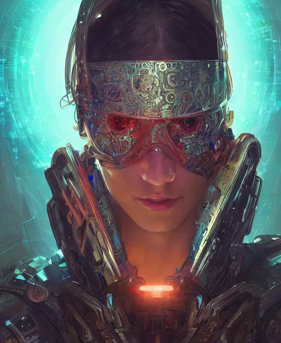 Image similar to portrait of a cyberpunk masked warrior, half body, glowin eyes, d & d, fantasy, intricate, elegant, highly detailed, colorful, vivid color, digital painting, artstation, concept art, art by artgerm and greg rutkowski and alphonse mucha and ruan jia