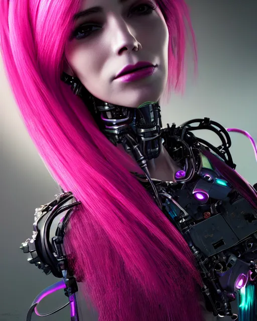 Image similar to portrait of a beautiful mexican woman with pink hair as a cyberpunk cyborg half robot, revealing wires and electronics, sci - fi, missing panels, intricate abstract upper body intricate artwork, concept art, octane render, deviantart, cinematic, key art, hyperrealism, iridescent accents, portrait photograph, nikon 3 5 mm, photograph by greg rutkowski