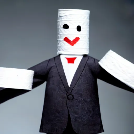 Prompt: a businessman with hands made of toilet paper