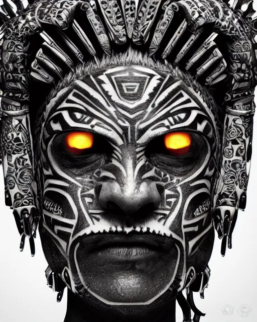 Prompt: editorial photo portrait of aztec jaguar warrior with glowing tribal futuristic tattoos on face, warrior body, photo by mario testino, cinematic, hyper detailed, micro details, insanely detailed, trending on artstation, concept art, insanely detailed and intricate