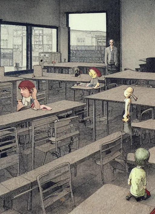 Prompt: illustration of a 2 0 8 0 desolate school scene by shaun tan, clean, emptyness, torn paper decollage, graphic novel, oil on canvas by edward hopper, ( by mattias adolfsson ), by moebius