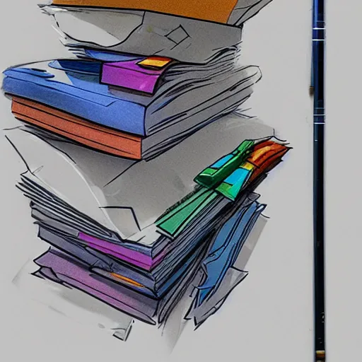 Prompt: stack of paperwork, overflowing papers, paper everywhere, concept art, colored sketch, artstation award, detailed