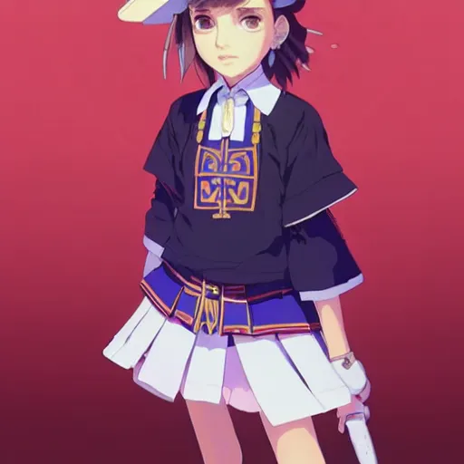 Image similar to a beautiful! boyish! natalie portman model, wearing catholic school girl outfit with mayan pattern and native style, jrpg aztec street fashion, gapmoe yandere grimdark, trending on pixiv fanbox, painted by greg rutkowski makoto shinkai takashi takeuchi studio ghibli, akihiko yoshida