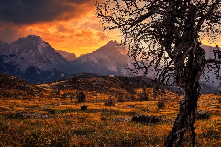 Prompt: A beautiful landscape photography of Ciucas mountains mountains, a dead intricate tree in the foreground, sunset, dramatic lighting by Anselm Adams and Albrecht Durer,