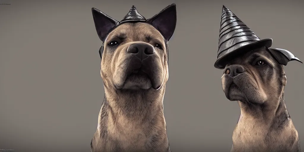 Image similar to portrait of a dog with a human mohawk hat, digital art, unreal engine