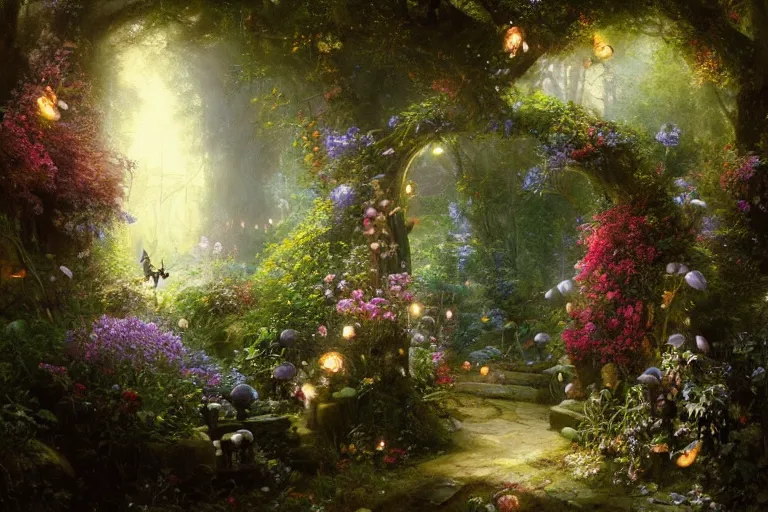 Image similar to gateway to fairyland, fireflies, mushrooms, multicoloured flowers, the secret garden. the hidden garden. private garden. andreas achenbach, artgerm, mikko lagerstedt, zack snyder, tokujin yoshioka