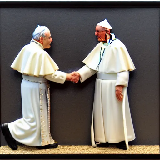 Prompt: the pope and a member of the crips street gang happily shaking hands with each other in a chicago neighborhood, 8 k, very detailed, very intricate,