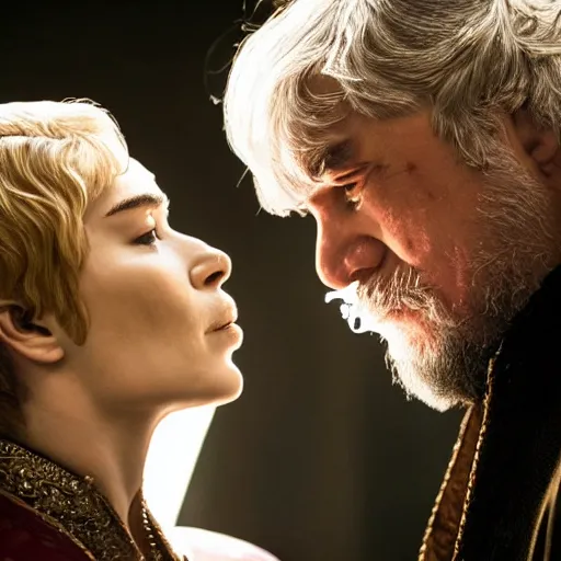 Image similar to george r r martin is inhaling smoke from cersei lannisters mouth, it is like a soul is leaving her mouth into his mouth, dramatic lighting, close up