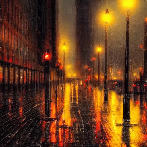 Prompt: rainy night in the streets of chicago, oil on canvas, masterpiece, cinematic composition, dramatic pose, beautiful lighting, sharp details, hyper - detailed, hd, hdr, 4 k, 8 k