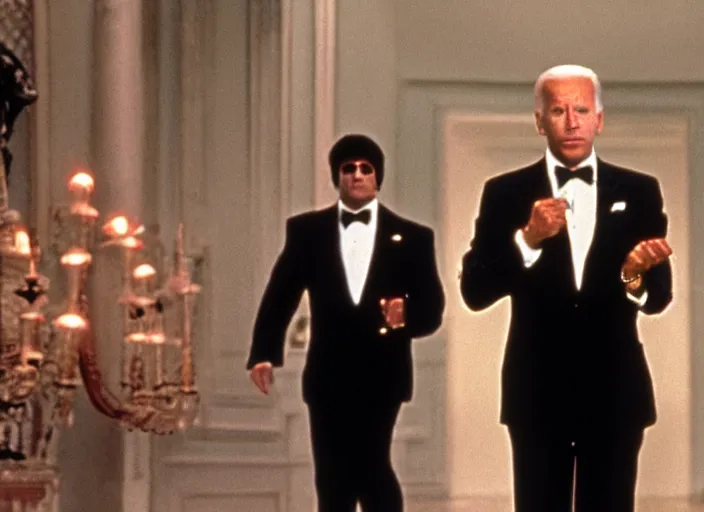 Prompt: film still of joe biden as tony montana in scarface movie, 8 k