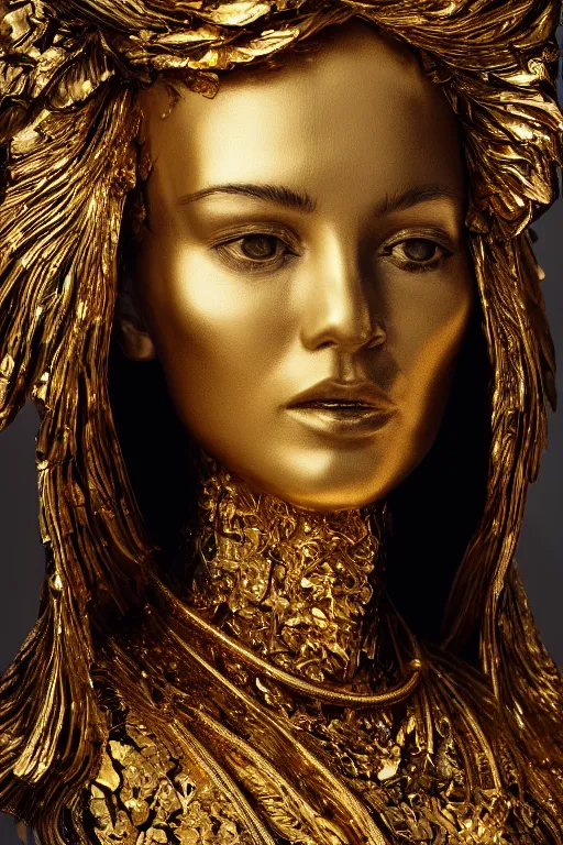 Prompt: sculpture made of gold, portrait, future, shaman, gold, close up, harper's bazaar, vogue, magazine, concept art, ornate, luxury, elite, elegant, trending on artstation, by ruan jia, by Kenneth Willardt, by ross tran, by WLOP, by Andrei Riabovitchev,