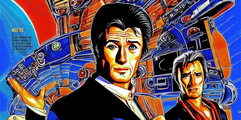 Image similar to traditional drawn colorful animation a symmetrical portrait of lonely single Alain Delon Stallone Clint Eastwood alone pilot in posing in robot platform deck wheelhouse spaceship station planet captain bridge outer worlds robots extraterrestrial hyper contrast well drawn Metal Hurlant Pilote and Pif in Jean Henri Gaston Giraud animation film The Masters of Time FANTASTIC PLANET La planète sauvage animation by René Laloux