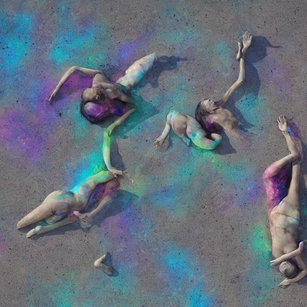 Image similar to overhead view of iridiscent oil slick and eroded stones with a woman's corpses connected by a transparent pipe to a baby buried relaxing on yoga mat, faded, gradient, depth of field, ultra realistic, very detailed, glitch, by nadav kander, 8 k hyper realistic detailed cinematic