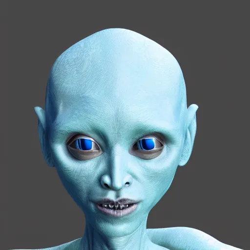 Prompt: a female humanoid alien with blue skin and large black eyes with a short side cut